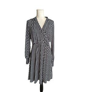 Adrianna Papell Faux Wrap Geometric Print V-Neck Long Sleeve Dress M Office Wear